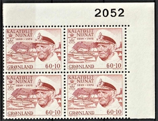 FRIMÆRKER GRØNLAND | 1972 - AFA 81 - Frederik IX mindeudgave - 60 + 10 øre rød i 4-blok med marginal - Postfrisk
